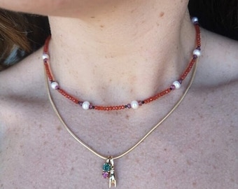 Carnelian pink tourmaline black spinel freshwater pearl necklace with sterling silver clasp