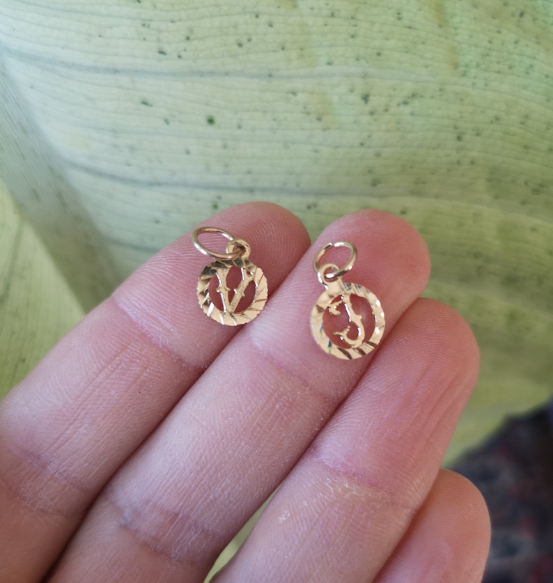 May include: Two gold-colored initial charms, one with the letter "V" and the other with the letter "J", both with a textured, diamond-like pattern.