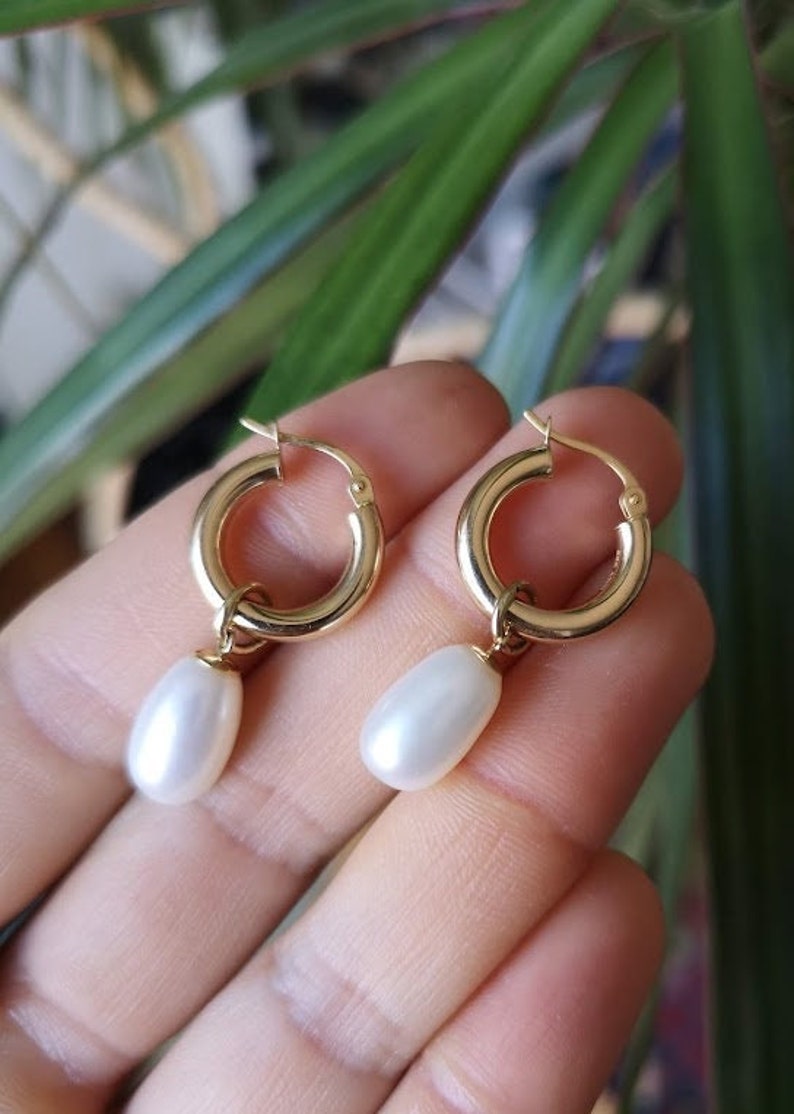 Hoop earrings with pearl dangles in solid 14k yellow gold image 3