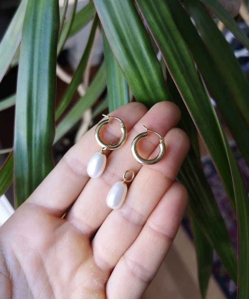 Hoop earrings with pearl dangles in solid 14k yellow gold image 5