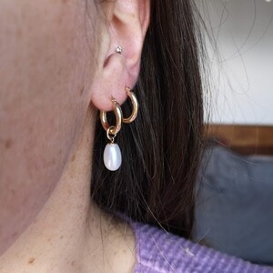 Hoop earrings with pearl dangles in solid 14k yellow gold image 7