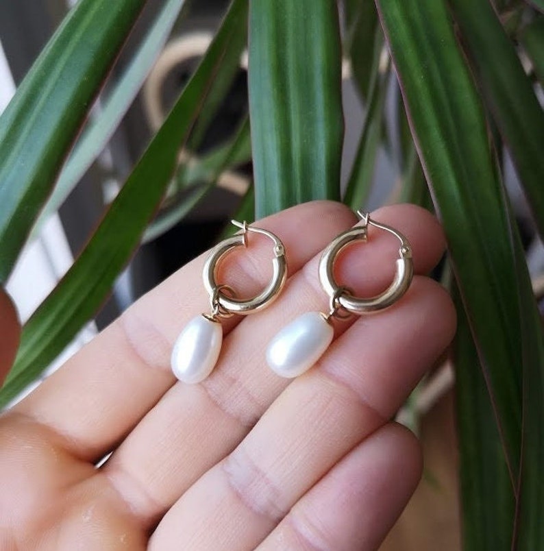 Hoop earrings with pearl dangles in solid 14k yellow gold image 2