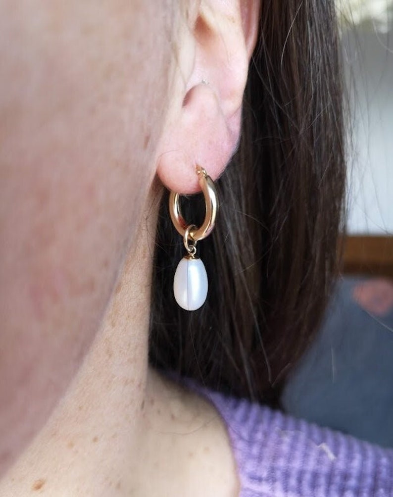 Hoop earrings with pearl dangles in solid 14k yellow gold image 1