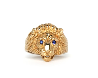 Lion ring with blue sapphire eyes - solid 14k yellow gold