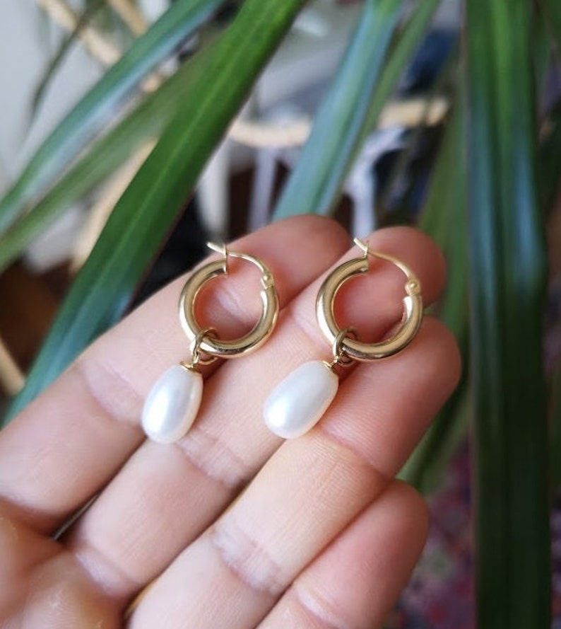 Hoop earrings with pearl dangles in solid 14k yellow gold image 4