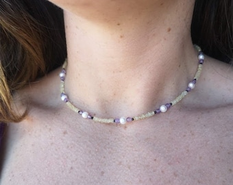 Lemon quartz amethyst black spinel and pearl necklace with Sterling silver clasp