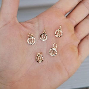 May include: Five gold-colored initial charms with a textured circular design. The charms are for the letters J, V, R, R, and G.