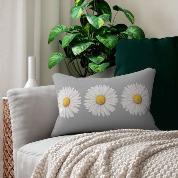 White Daisies Light Gray Spun Polyester Lumbar Pillow, Daisy Aesthetic, Daisy Pillow, Daisy Lumbar Pillow, Daisy Home Decor, Daisy Flower