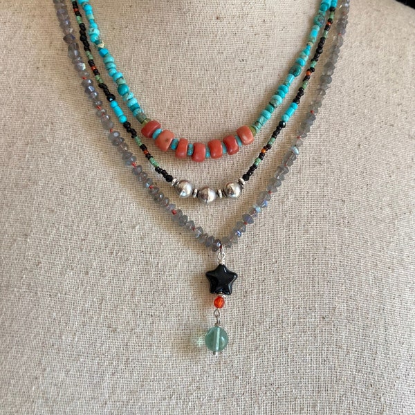 Sundance style turquoise, silver, labradorite necklace.   Native American inspired luminous multi-layer necklace