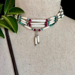 Ruby and turquoise southwestern hair pipe  bone choker