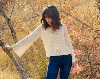 The Autumn Belle Sweater PDF DIGITAL DOWNLOAD Crochet Pattern, Women&#39;s Bell Sleeve Crochet Sweater, Beginner Crochet Sweater Pattern, Cotton