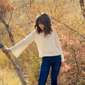 The Autumn Belle Sweater PDF DIGITAL DOWNLOAD Crochet Pattern, Women&#39;s Bell Sleeve Crochet Sweater, Beginner Crochet Sweater Pattern, Cotton