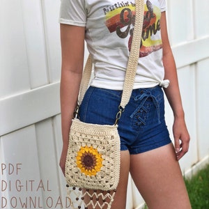 The Sunny Daze Satchel PDF DIGITAL DOWNLOAD Crochet pattern, cross-body crochet bag, granny square bag, small crochet sunflower bag, fringe