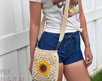 The Sunny Daze Satchel PDF DIGITAL DOWNLOAD Crochet pattern, cross-body crochet bag, granny square bag, small crochet sunflower bag, fringe