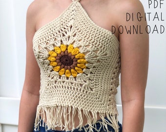 The Helia Crop Top PDF DIGITAL DOWNLOAD Crochet Pattern, Crochet Sunflower Crop Top Pattern, Boho Granny square flower crochet halter top