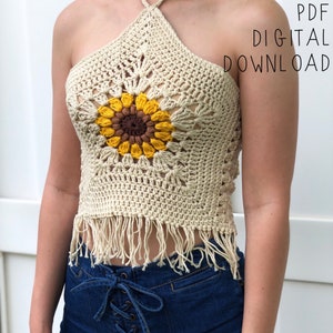 The Helia Crop Top PDF DIGITAL DOWNLOAD Crochet Pattern, Crochet Sunflower Crop Top Pattern, Boho Granny square flower crochet halter top image 1