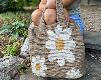 The Daisy Day Tote PDF DIGITAL DOWNLOAD Crochet Pattern, Cute Crochet Daisy Bag, Crochet Daisy Purse, Large Carry-All Tote Bag Pattern