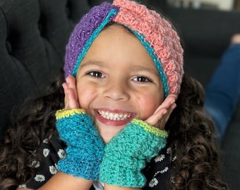 The Frankie Set PDF TÉLÉCHARGEMENT NUMÉRIQUE Modèle de crochet, bandeau au crochet pour enfants et ensemble de mitaines sans doigts, modèle de crochet facile et vidéo