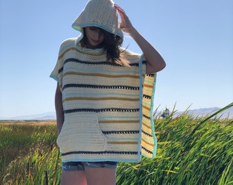 The Cross Stripe Poncho PDF DIGITAL DOWNLOAD Crochet Pattern, Women's crochet poncho pattern with hood, poncho with stripes, hooded poncho