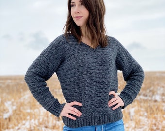 The Pemberley Pullover PDF DIGITAL DOWNLOAD Crochet Pattern, Women's Crochet Pullover Sweater Pattern, Cute Boxy V-Neck Sweater, Heartland