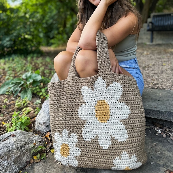 The Daisy Day Tote PDF DIGITAL DOWNLOAD Häkelanleitung, süße Daisy Tasche, Daisy Geldbörse, große Carry-All Tote Bag Muster