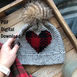 Plaid About You Beanie PDF DIGITAL DOWNLOAD Crochet Pattern, plaid heart hat crochet pattern gingham beanie, winter plaid hat, buffalo plaid image 1