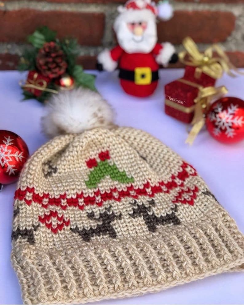 Mistletoe Kisses Beanie PDF DIGITAL DOWNLOAD Crochet pattern, Fair isle crochet hat pattern, christmas hat, reindeer winter hat pattern, image 7