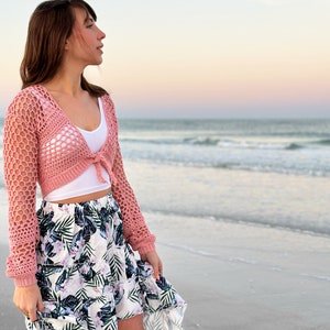 cute crochet top, ocean tied cardi, cute cropped cardigan, women's cropped sweater, crochet summer top, mesh style crochet top, lion brand yarn, 24/7 cotton DK yarn, light weight yarn, crochet pattern ideas, pdf digital download crochet pattern
