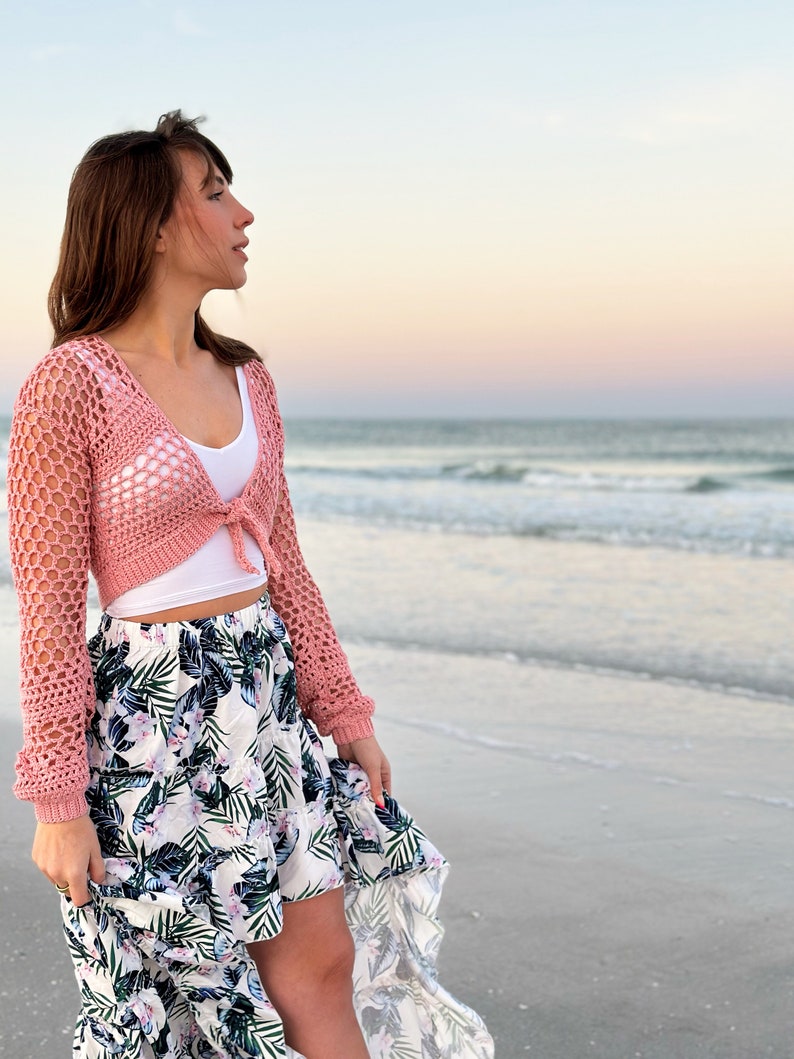 cute crochet top, ocean tied cardi, cute cropped cardigan, women's cropped sweater, crochet summer top, mesh style crochet top, lion brand yarn, 24/7 cotton DK yarn, light weight yarn, crochet pattern ideas, pdf digital download crochet pattern