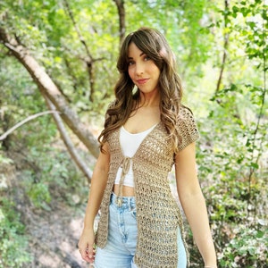the whimsy willow cardigan crochet pattern, pdf digital download, cute handmade cardigan idea, top down crochet cardigan, tie front cardigan, side slit cardigan, summer crochet cardigan pattern, evelynandpeter crochet, lion brand yarn, truboo yarn