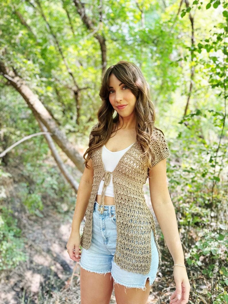 the whimsy willow cardigan crochet pattern, pdf digital download, cute handmade cardigan idea, top down crochet cardigan, tie front cardigan, side slit cardigan, summer crochet cardigan pattern, evelynandpeter crochet, lion brand yarn, truboo yarn