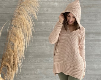 Happy At Home Hoodie PDF DIGITAL DOWNLOAD Crochet Pattern, Women's Crochet Hoodie Pullover Sweater Pattern, Oversized Pullover Crochet Top