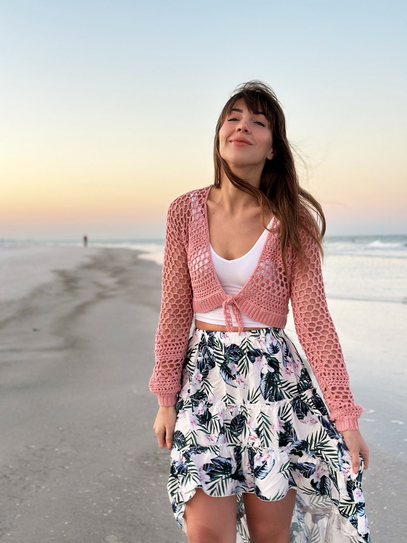cute crochet top, ocean tied cardi, cute cropped cardigan, women's cropped sweater, crochet summer top, mesh style crochet top, lion brand yarn, 24/7 cotton DK yarn, light weight yarn, crochet pattern ideas, pdf digital download crochet pattern