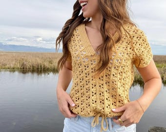 The Second Star Lace Tee PDF DIGITAL DOWNLOAD Crochet Pattern, Cropped Lacy Crochet V-neck Pullover, Summer Crochet Ideas, Video Tutorial