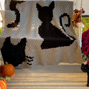 Op de afbeelding: Een grijs gehaakt deken met twee zwarte katten silhouetten. Het deken is gedrapeerd over een witte veranda schommel met pompoenen en herfstbladeren op de achtergrond.