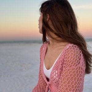 cute crochet top, ocean tied cardi, cute cropped cardigan, women's cropped sweater, crochet summer top, mesh style crochet top, lion brand yarn, 24/7 cotton DK yarn, light weight yarn, crochet pattern ideas, pdf digital download crochet pattern