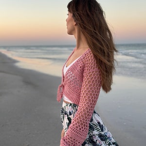 cute crochet top, ocean tied cardi, cute cropped cardigan, women's cropped sweater, crochet summer top, mesh style crochet top, lion brand yarn, 24/7 cotton DK yarn, light weight yarn, crochet pattern ideas, pdf digital download crochet pattern