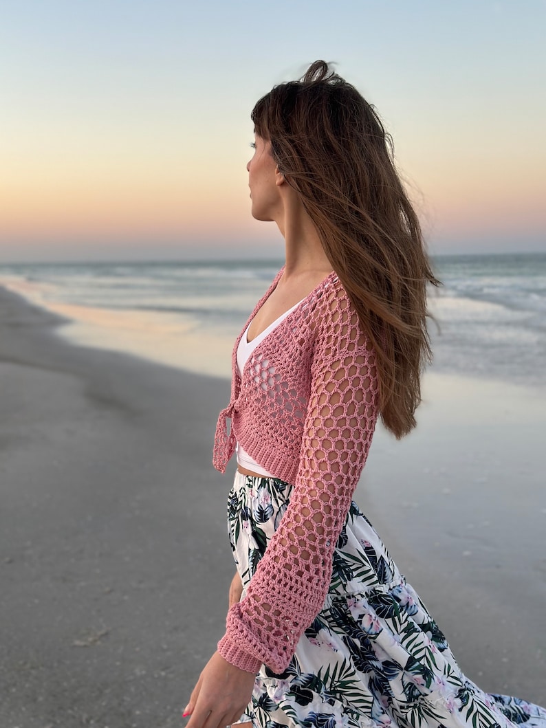 cute crochet top, ocean tied cardi, cute cropped cardigan, women's cropped sweater, crochet summer top, mesh style crochet top, lion brand yarn, 24/7 cotton DK yarn, light weight yarn, crochet pattern ideas, pdf digital download crochet pattern