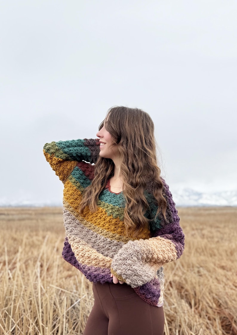 May include: A multi-coloured crocheted sweater with a v-neck and long sleeves. The sweater is made in a variety of shades of brown, purple, green, and yellow.