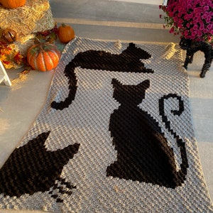 Op de afbeelding: Een grijs gebreid deken met zwarte katten silhouetten. Het deken ligt op een betonnen veranda met pompoenen en hooibalen op de achtergrond.
