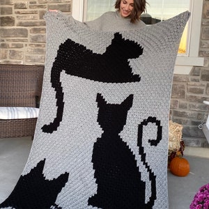 Op de afbeelding: Een grijs gehaakt deken met een zwart silhouet van drie katten. Het deken wordt door een persoon omhoog gehouden.