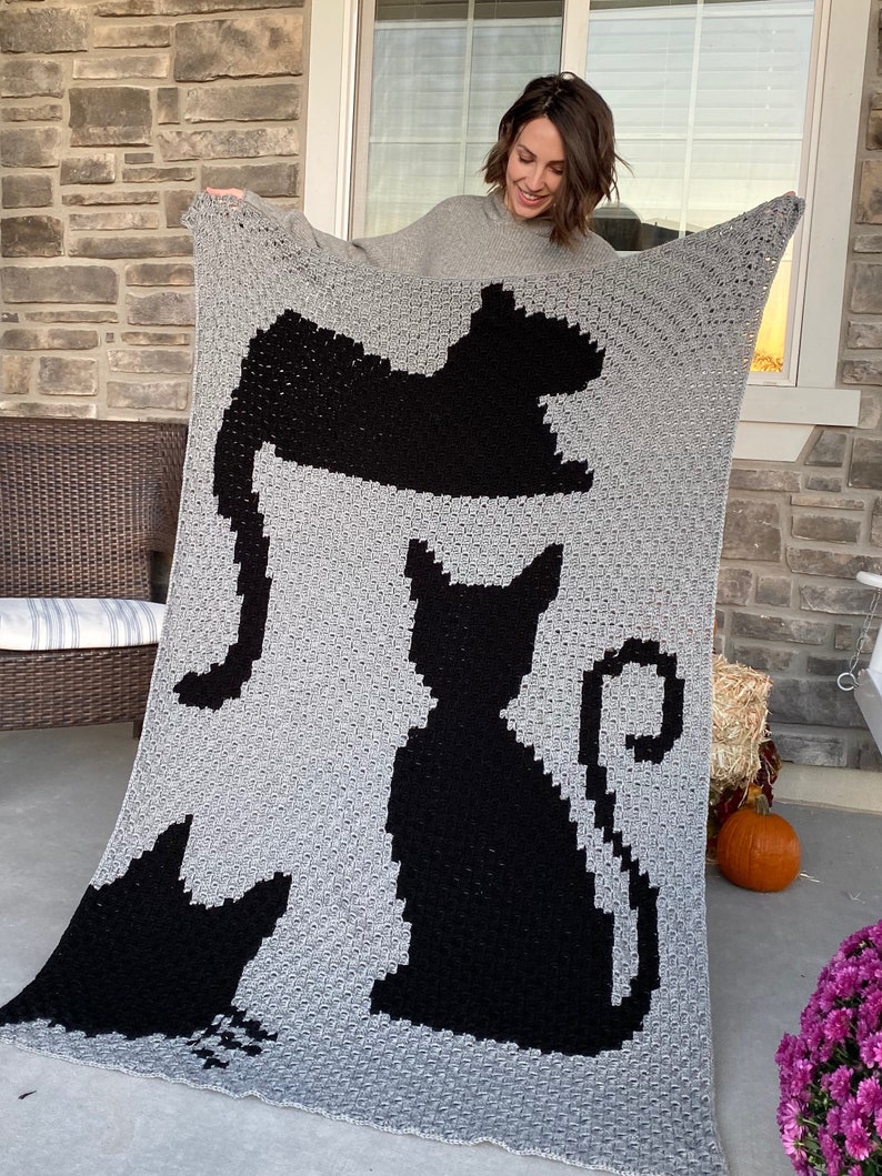 Op de afbeelding: Een grijs gehaakt deken met een zwart silhouet van drie katten. Het deken wordt door een persoon omhoog gehouden.