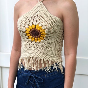 The Helia Crop Top PDF DIGITAL DOWNLOAD Crochet Pattern, Crochet Sunflower Crop Top Pattern, Boho Granny square flower crochet halter top image 7