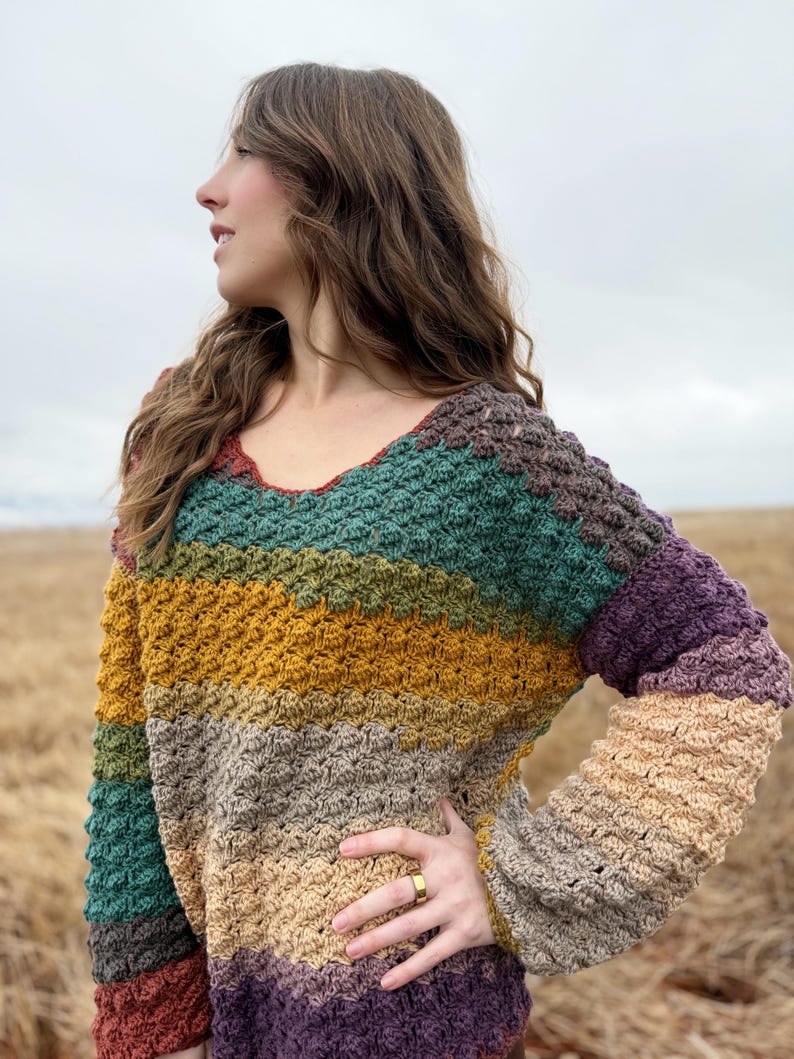May include: A multi-coloured crochet sweater with a v-neck and long sleeves. The sweater is made with a textured stitch and features stripes of rust, mustard yellow, beige, teal, and purple.