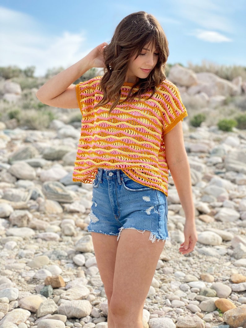 The Electric Sun Tee PDF DIGITAL DOWNLOAD Crochet Pattern, Women's Oversized Crochet Top Pattern, Oversized Striped Crochet Cover Up Pattern image 2