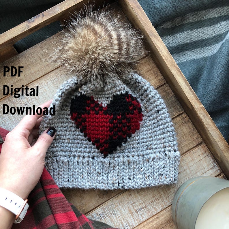 Plaid About You Beanie PDF DIGITAL DOWNLOAD Crochet Pattern, plaid heart hat crochet pattern gingham beanie, winter plaid hat, buffalo plaid image 1