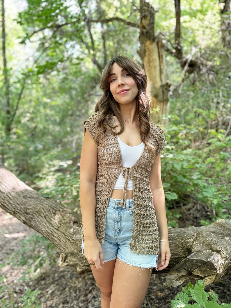 the whimsy willow cardigan crochet pattern, pdf digital download, cute handmade cardigan idea, top down crochet cardigan, tie front cardigan, side slit cardigan, summer crochet cardigan pattern, evelynandpeter crochet, lion brand yarn, truboo yarn