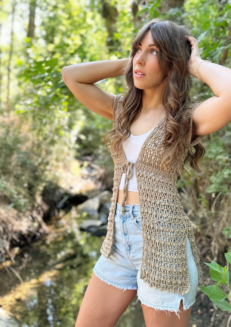 the whimsy willow cardigan crochet pattern, pdf digital download, cute handmade cardigan idea, top down crochet cardigan, tie front cardigan, side slit cardigan, summer crochet cardigan pattern, evelynandpeter crochet, lion brand yarn, truboo yarn