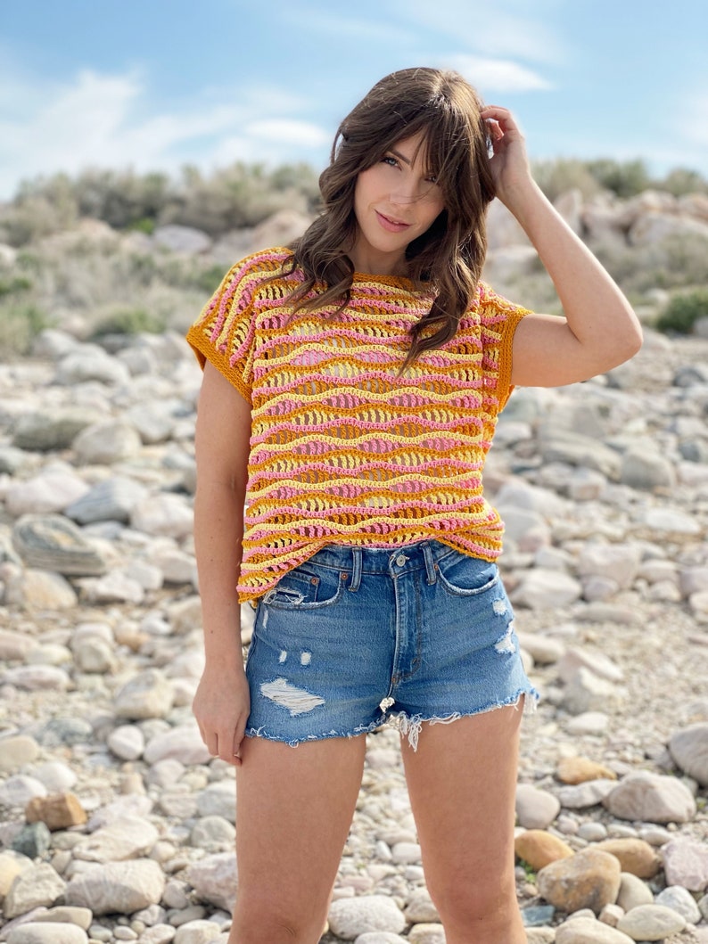 The Electric Sun Tee PDF DIGITAL DOWNLOAD Crochet Pattern, Women's Oversized Crochet Top Pattern, Oversized Striped Crochet Cover Up Pattern image 3