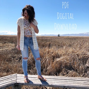 The Sandpiper Cardigan PDF DIGITAL DOWNLOAD Crochet Pattern, Women&#39;s Summer Crochet Cardigan, Boho 70&#39;s style crochet short sleeve cardigan